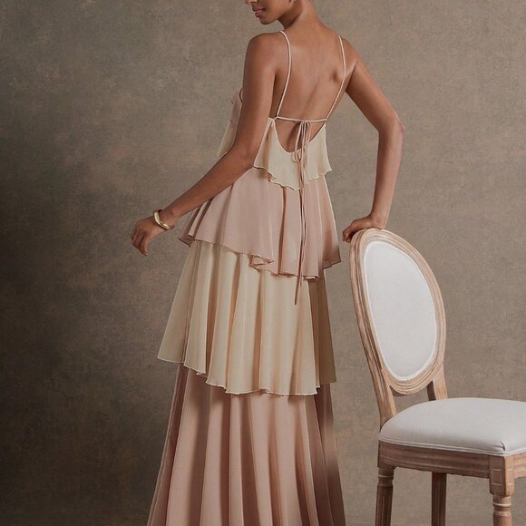 Multicolor Party Women's Colorblock Ruffle Hem Elegant Maxi Halter Dress - Picture 2 of 5